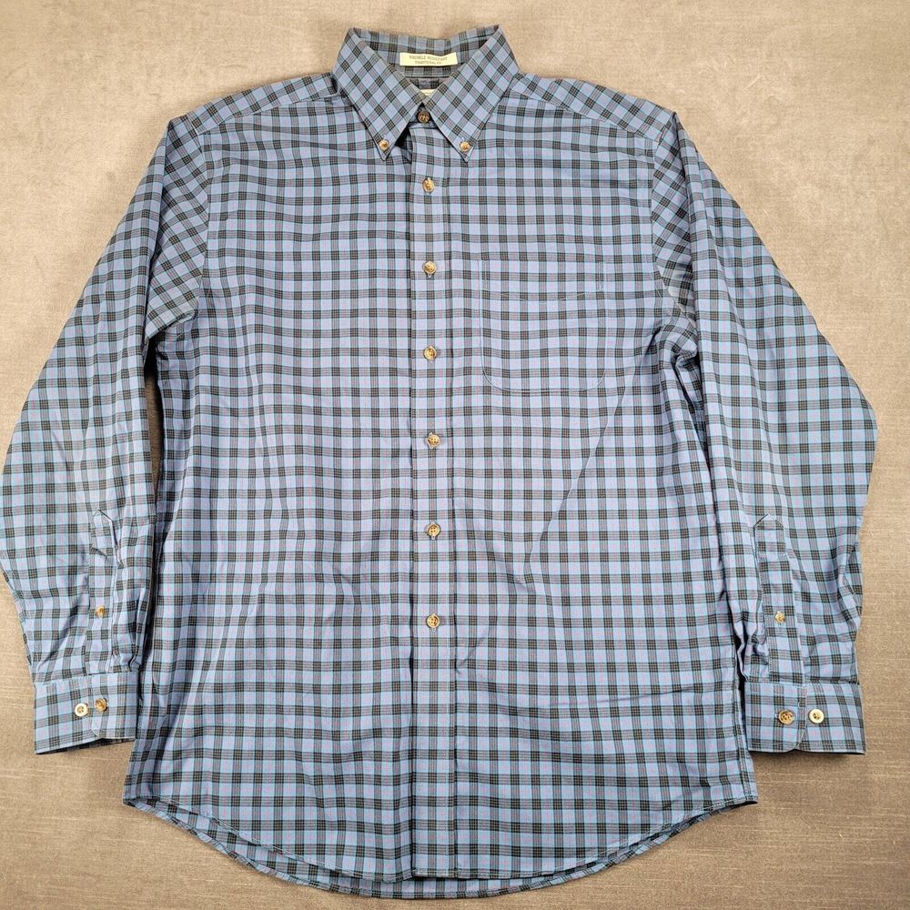 LL Bean Vintage Blue Black Plaid Button Up Shirt Mens Wrinkle Resistance Med Reg